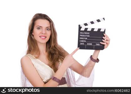 Ancient goddess with clapperboard isolated on white