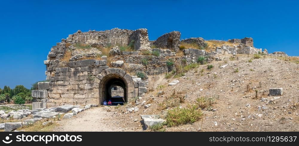 Ancient Greek city Miletus on the western coast of Anatolia, Turkey, on a sunny summer day. Miletus Ancient City and Theatre in Turkey