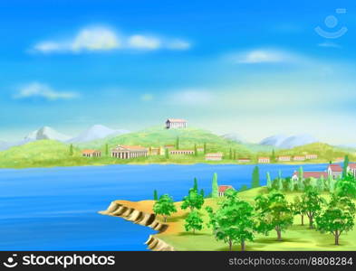 Ancient Greek Harbor on a Sunny Summer Day. Digital Painting Background, Illustration. View of Ancient Greek Harbor in a Sunny Summer Day. Digital Painting Background, Illustration in cartoon style character.. Ancient Greek Harbor at Day illustration