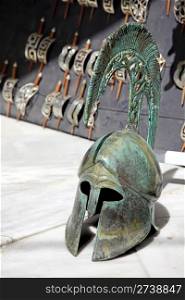 Ancient Greek helmet in Fira city, Santorini island, Greece.. Ancient Greek helmet.