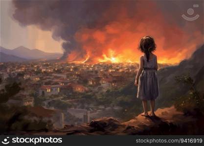 Ancient greek volcano eruption child girl. Smoke nature historic. Generate Ai. Ancient greek volcano eruption child girl. Generate Ai
