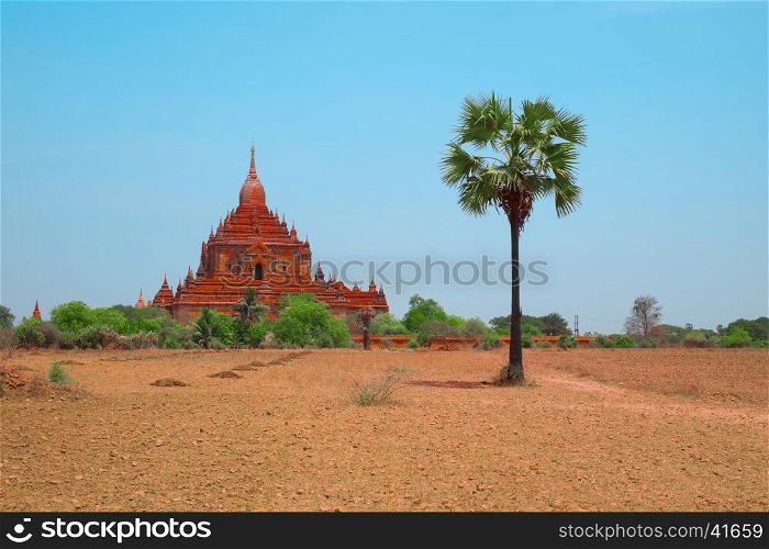 Ancient Gubyaukgyi Temple in Bagan, Myanmar, Southeast Asia. Beautiful old Buddhist pagoda, Myinkaba Village, Nyaung U, Burma. Most popular and famous burmese landmark, tourist destination of Myanmar