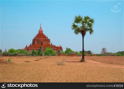 Ancient Gubyaukgyi Temple in Bagan, Myanmar, Southeast Asia. Beautiful old Buddhist pagoda, Myinkaba Village, Nyaung U, Burma. Most popular and famous burmese landmark, tourist destination of Myanmar