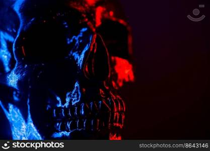 Ancient human skull head close-up. Neon blue and red light. Spooky and sinister. Glamour, disco, halloween concept. Ancient human skull head close-up. Neon blue and red light. Spooky and sinister. Glamour, disco, halloween concept.