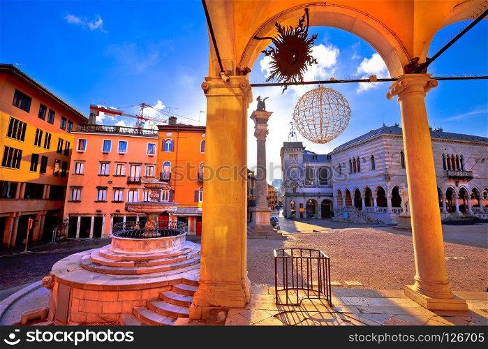 Ancient Italian square arches and architecture in town of Udine, Friuli Venezia Giulia region of Italy 