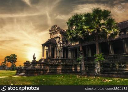 Ancient Khmer architecture. Amazing view of Angkor Thom temple at sunset. Angkor Wat complex, Siem Reap, Cambodia travel destinations