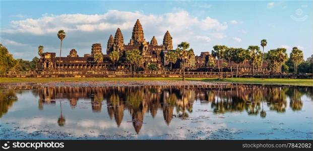 Ancient Khmer architecture. Panorama view of Angkor Wat temple at sunset. Siem Reap, Cambodia