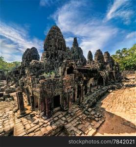 Ancient Khmer architecture. Panorama view of Bayon temple at Angkor Wat complex, Siem Reap, Cambodia