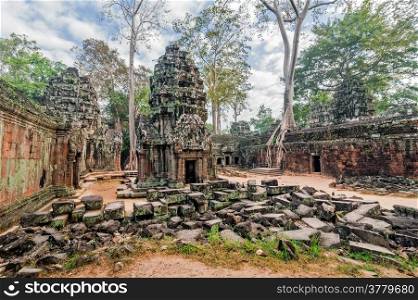 Ancient Khmer architecture. Panorama view of Ta Prohm temple with giant banyan trees at Angkor Wat complex, Siem Reap, Cambodia