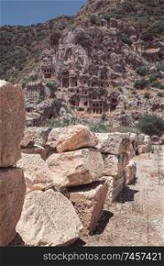 Ancient lycian Myra rock tomb ruins at Turkey Demre. Ancient lycian Myra rock tomb