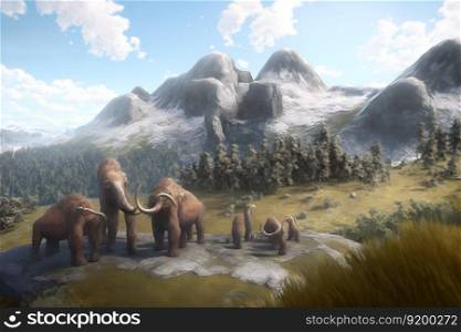 Ancient mammoths walk in the summer among the beautiful landscape. Neural network AI generated art. Ancient mammoths walk in the summer among the beautiful landscape. Neural network AI generated