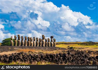 Ancient Moai of Ahu Tongariki on Easter Island or Rapa Nui in Chile