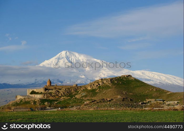 Ancient monastery Khor Virap in Armenia with Ararat mountain at background. Was founded in years 642-1662.