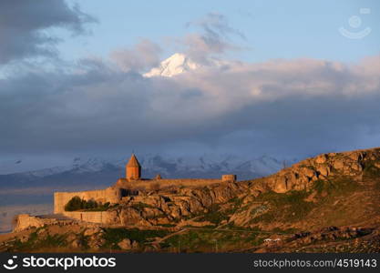 Ancient monastery Khor Virap in Armenia with Ararat mountain at background. Was founded in years 642-1662.