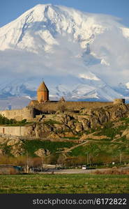 Ancient monastery Khor Virap in Armenia with Ararat mountain at background. Was founded in years 642-1662.