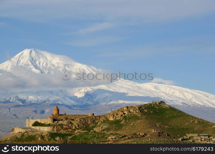 Ancient monastery Khor Virap in Armenia with Ararat mountain at background. Was founded in years 642-1662.