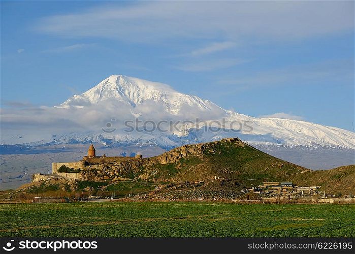 Ancient monastery Khor Virap in Armenia with Ararat mountain at background. Was founded in years 642-1662.