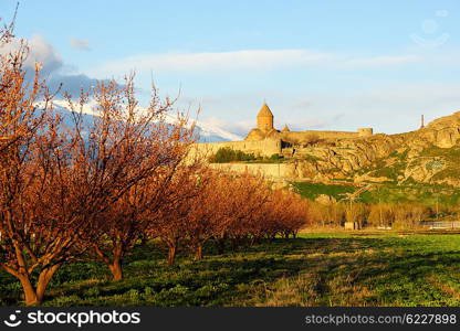 Ancient monastery Khor Virap in Armenia with Ararat mountain at background. Was founded in years 642-1662.