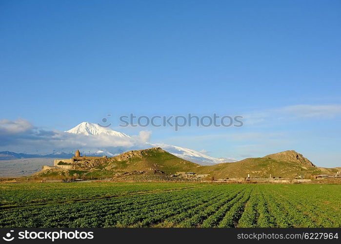 Ancient monastery Khor Virap in Armenia with Ararat mountain at background. Was founded in years 642-1662.