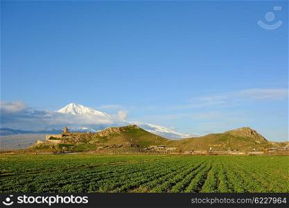 Ancient monastery Khor Virap in Armenia with Ararat mountain at background. Was founded in years 642-1662.
