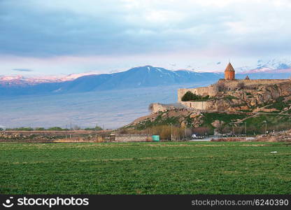 Ancient monastery Khor Virap in Armenia with Ararat mountain at background. Was founded in years 642-1662.