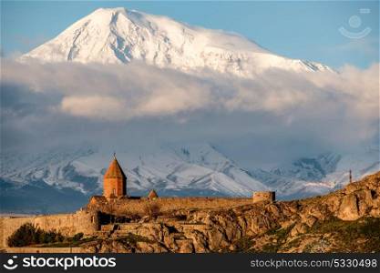 Ancient monastery Khor Virap in Armenia with Ararat mountain at background at sunrise. Was founded in years 642-1662.