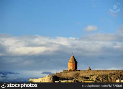 Ancient monastery Khor Virap in Armenia with Ararat mountain in clouds at background. Was founded in years 642-1662.