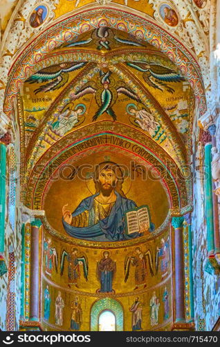 Ancient mosaics (XII century) in The Cathedral of Cefalu (Duomo di Cefalu), Italy