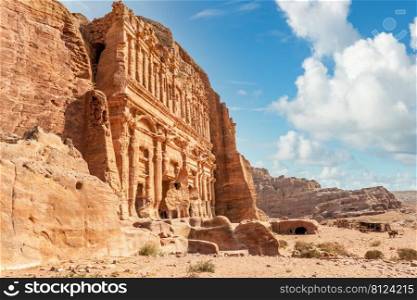 Ancient Nabataean Palace tomb carved in sandstone rock, Petra, Jordan