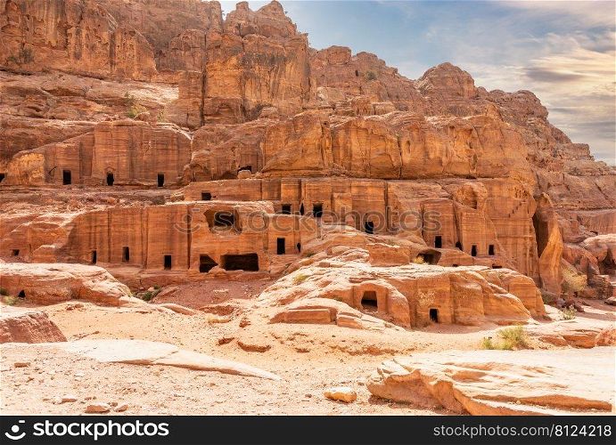 Ancient Nabataean tombs carved in stone, Petra, Jordan
