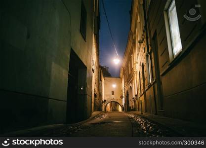 Ancient narrow night Vilnius street with old architecture and winter background