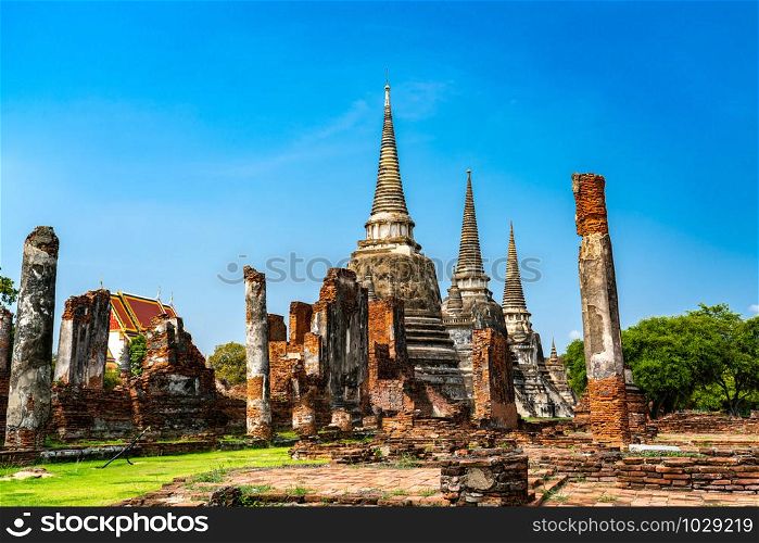 Ancient pagoda at Wat Phra Si Sanphet in Ayutthaya Historical Park the Unesco World Heritage Site in Thailand