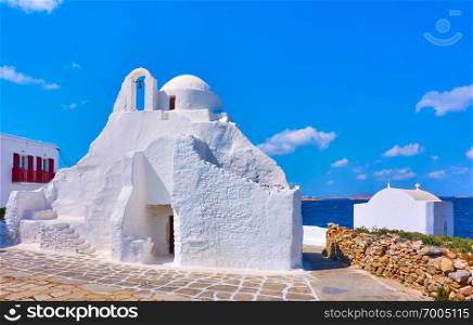 Ancient Panagia Paraportiani church in Mykonos Island, Greece.