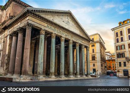 Ancient Pantheon in Rome at cloudy sunrise, Italy
