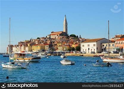 Ancient part of Rovinj in Croatia against the blue sky