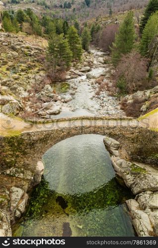 Ancient Ponte Altu bridge near Albertacce over the Golo river in central Corsica