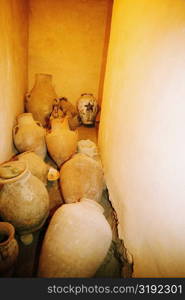 Ancient pottery in a church, Canal, Galilee, Israel