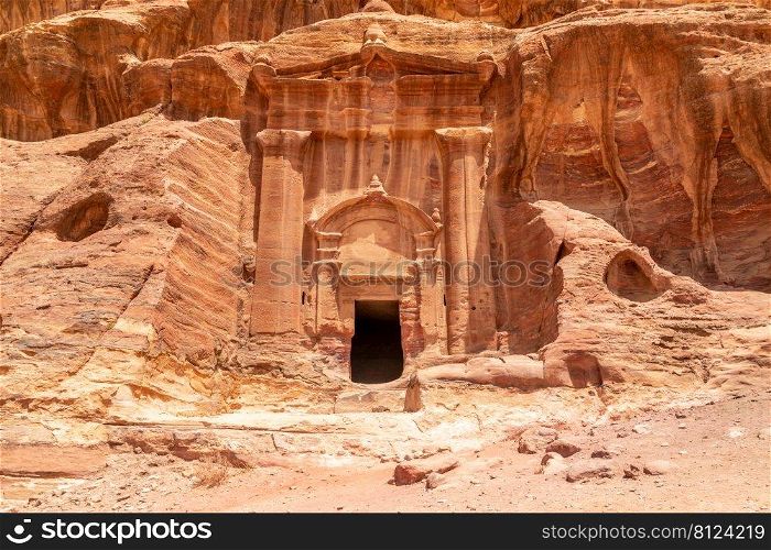 Ancient Renaissance Tomb carved in sandstone rock, Wadi Farasa canyon,  Petra, Jordan