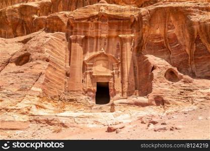 Ancient Renaissance Tomb carved in sandstone rock, Wadi Farasa canyon,  Petra, Jordan