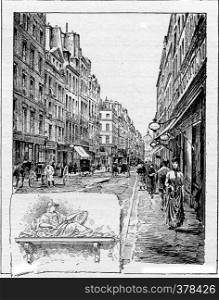 Ancient road which in 1688 became named Rue de la Comedie, in Paris, France. A sculpture of the Roman Goddess Minerva is found on No.14 Rue de la Comedie. Vintage engraving.