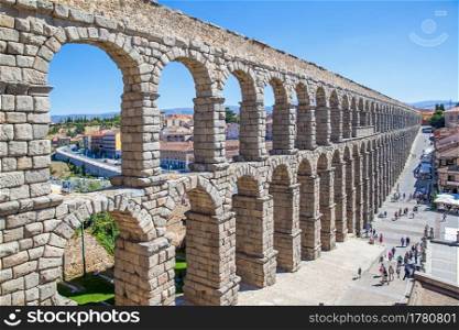 Ancient roman aqueduct in Segovia, Spain. Landmark, cityscape