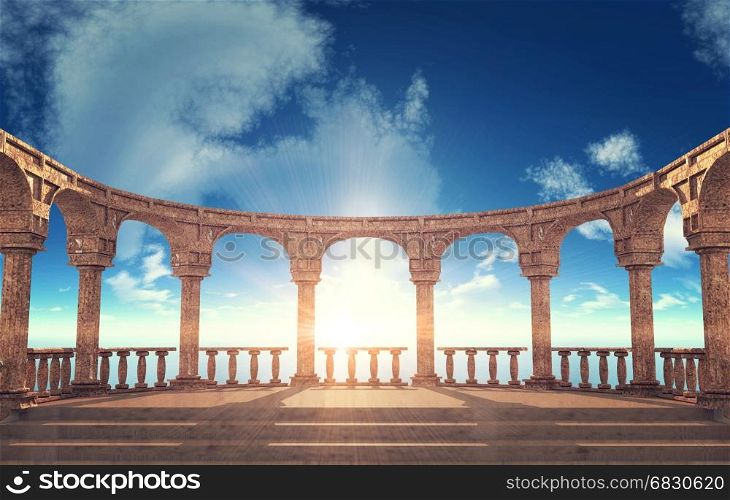 Ancient Roman column ruins in elliptical arrangement, 3D rendering