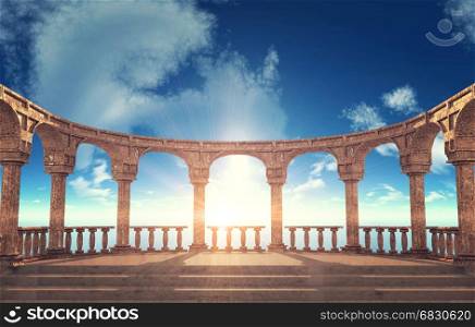 Ancient Roman column ruins in elliptical arrangement, 3D rendering