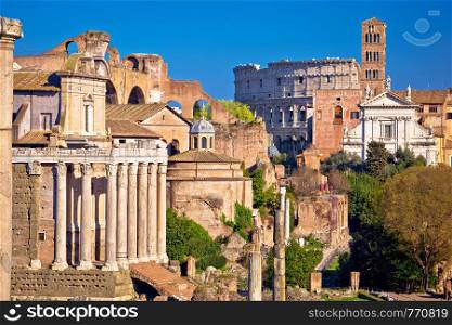 Ancient Roman Forum landmarks and Colosseum in eternal city of Rome, capital of Italy
