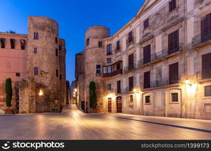 Ancient Roman Gate and Placa Nova at night, Barri Gothic Quarter in Barcelona, Catalonia, Spain. Ancient Roman Gate in morning, Barcelona, Spain