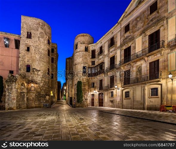 Ancient Roman Gate and Placa Nova in the Morning, Barcelona, Catalonia, Spain