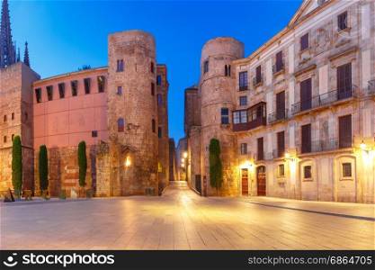 Ancient Roman Gate in morning, Barcelona, Spain. Panorama of Ancient Roman Gate and Placa Nova during morning blue hour, Barri Gothic Quarter in Barcelona, Catalonia, Spain