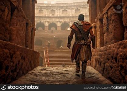  Ancient roman gladiator entering the colosseum before battle created by generative AI