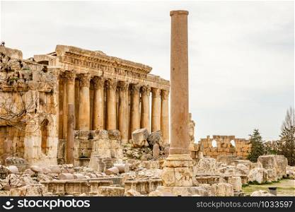 Ancient Roman temple of Bacchus and column in the foreground with surrounding ruins of ancient city, Bekaa Valley, Baalbek, Lebanon