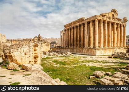 Ancient Roman temple of Bacchus with surrounding ruins of ancient city, Bekaa Valley, Baalbek, Lebanon